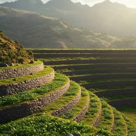 Stepped stone agricultural terraces cut into a steep, lush green Andean mountain