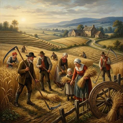 A historical illumination showing peasants harvesting wheat with scythes